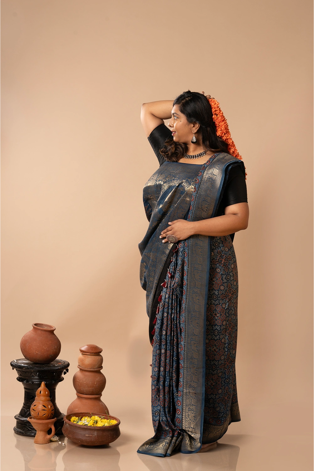 Midnight Grace- Ajrakh Dola Saree