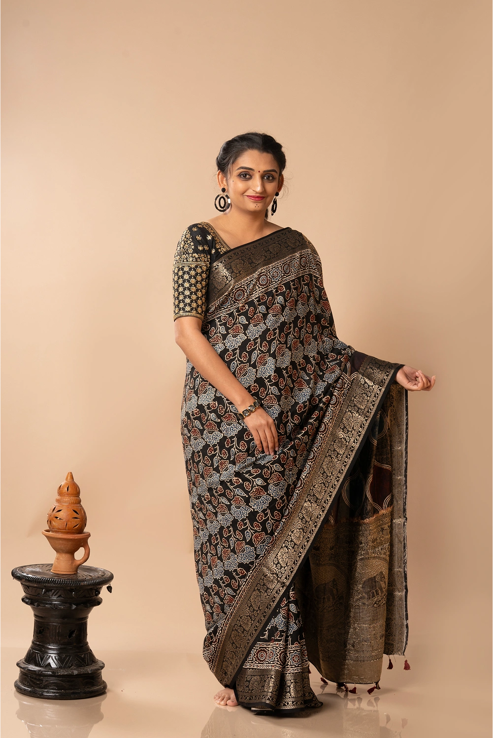 Midnight Blossom- Ajrakh Dola Saree