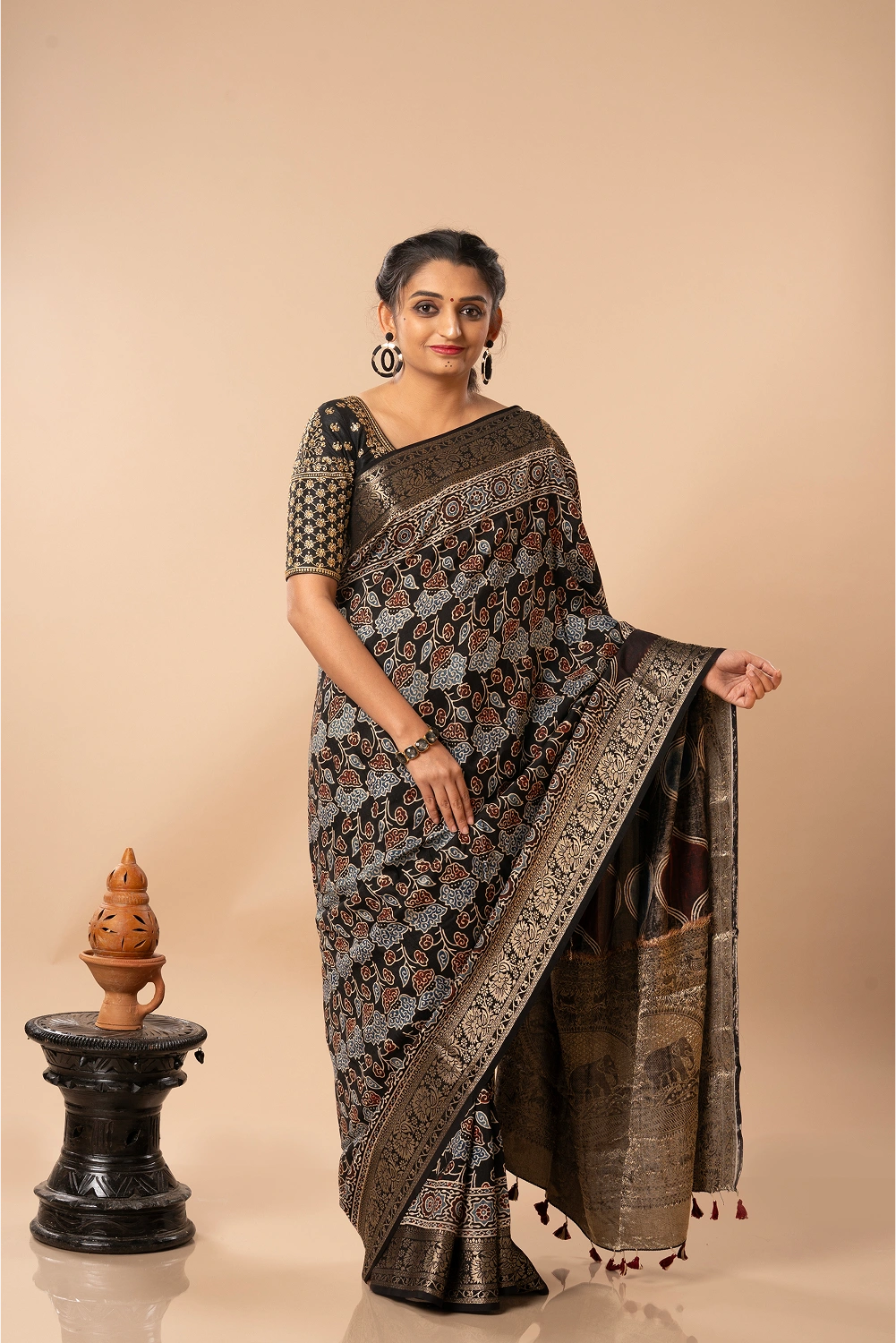 Midnight Blossom- Ajrakh Dola Saree