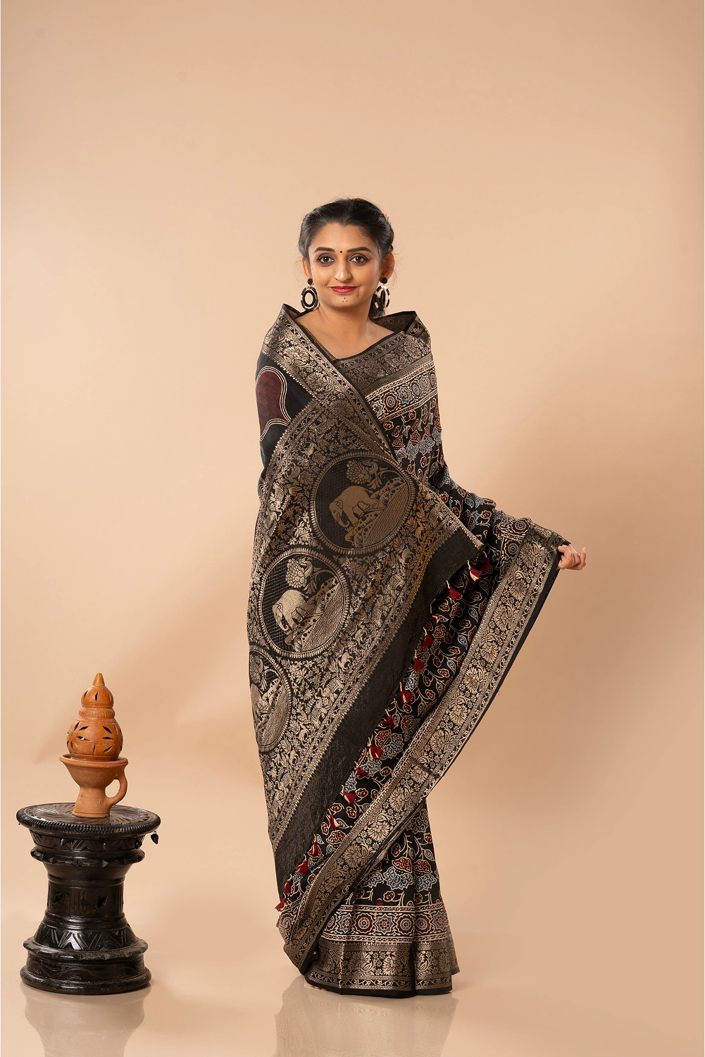 Midnight Blossom- Ajrakh Dola Saree