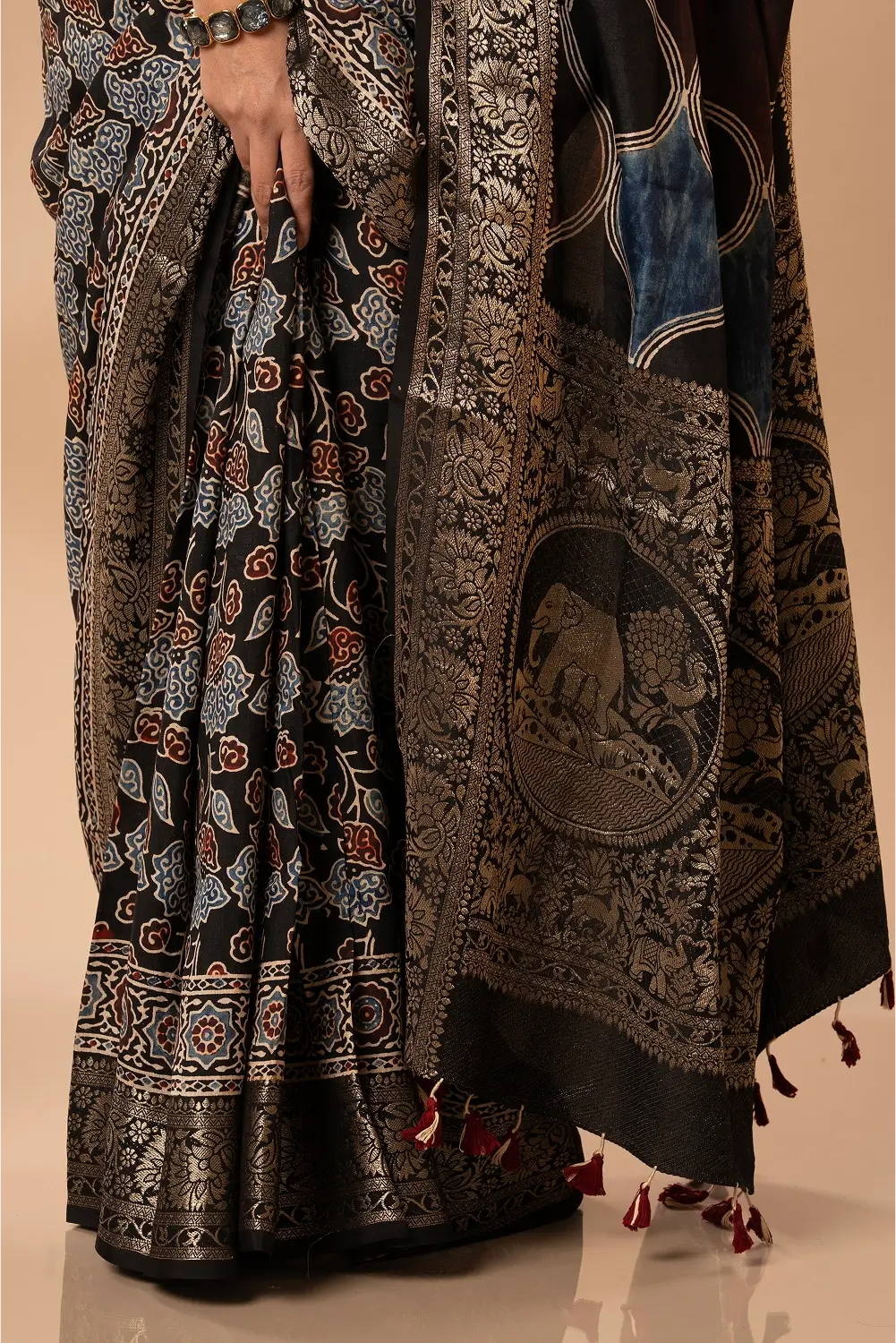 Midnight Blossom- Ajrakh Dola Saree