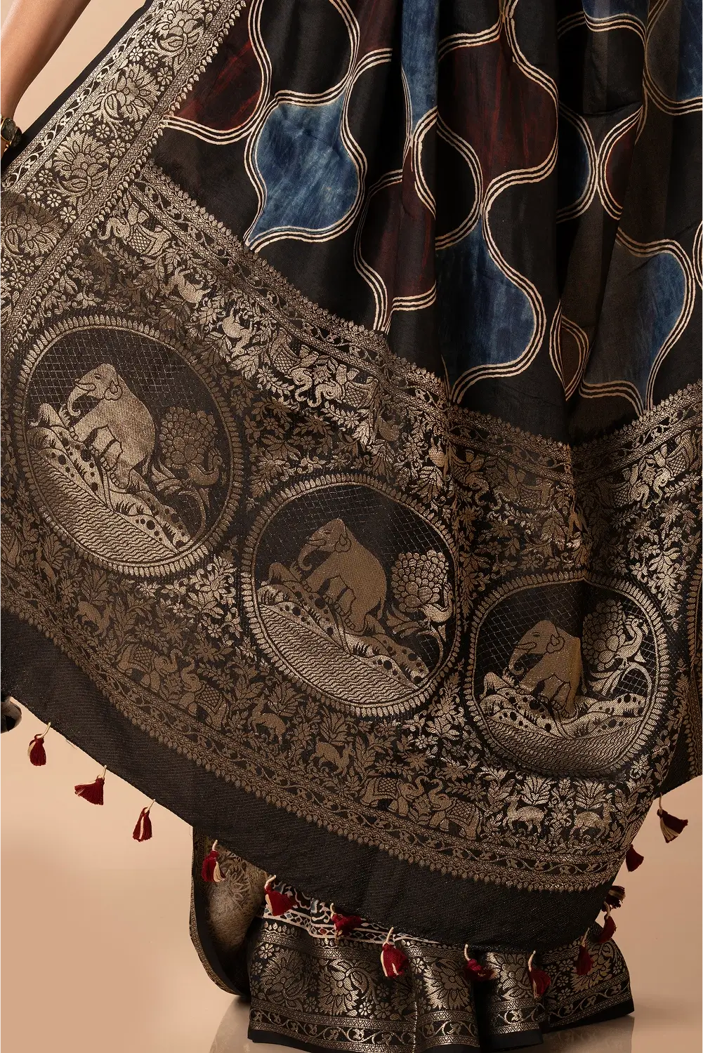 Midnight Blossom- Ajrakh Dola Saree