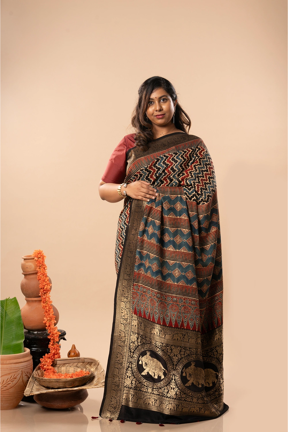 Mystic Elegance- Ajrakh Dola Saree
