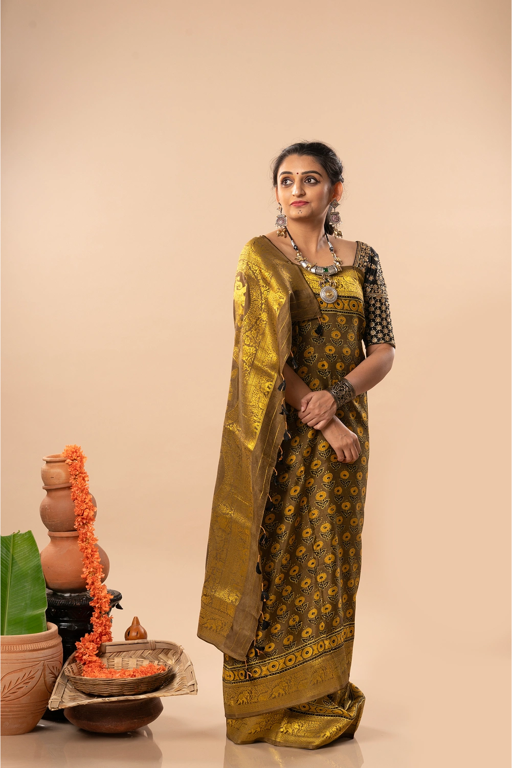 Golden Radiance- Ajrakh Dola Saree