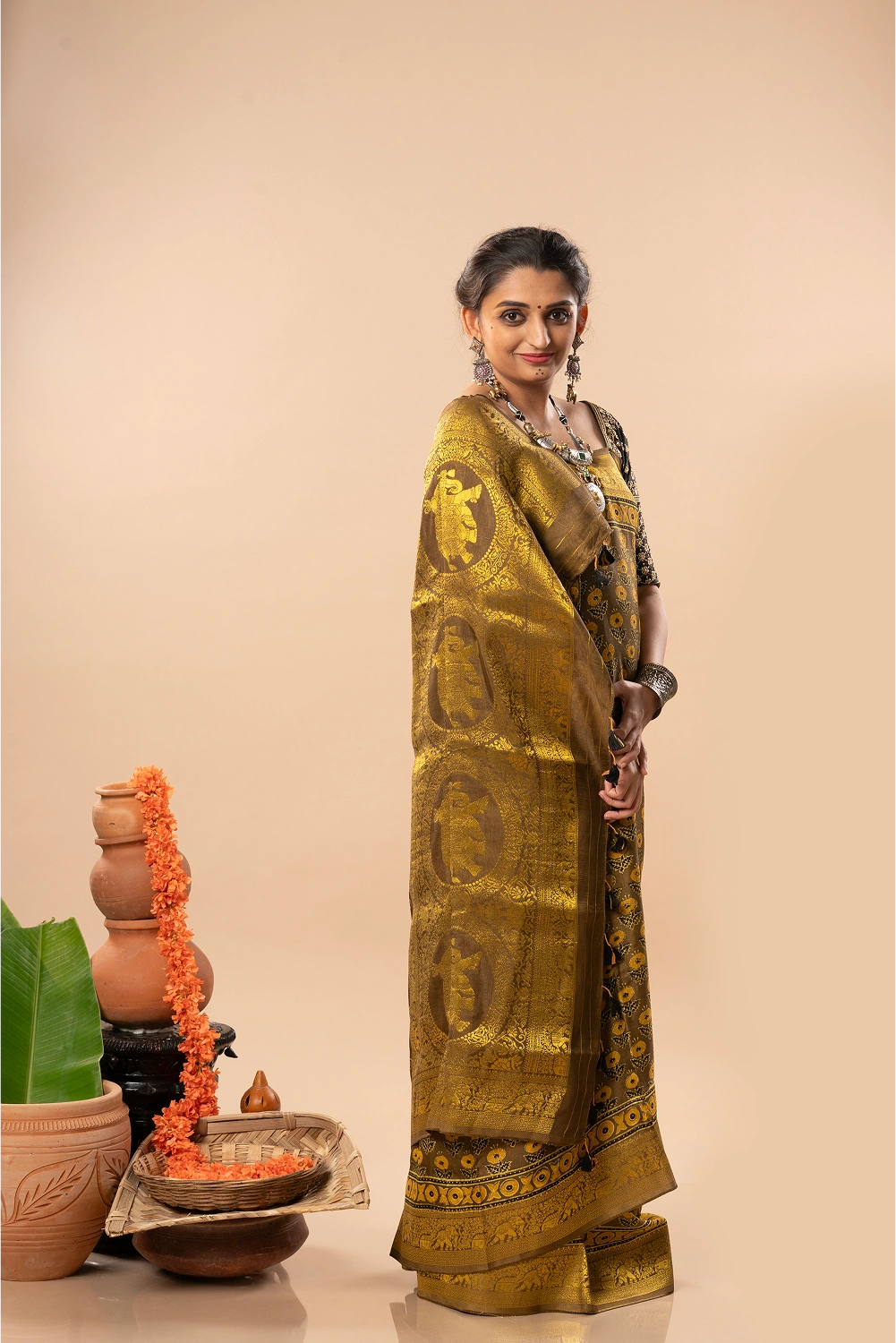 Golden Radiance- Ajrakh Dola Saree