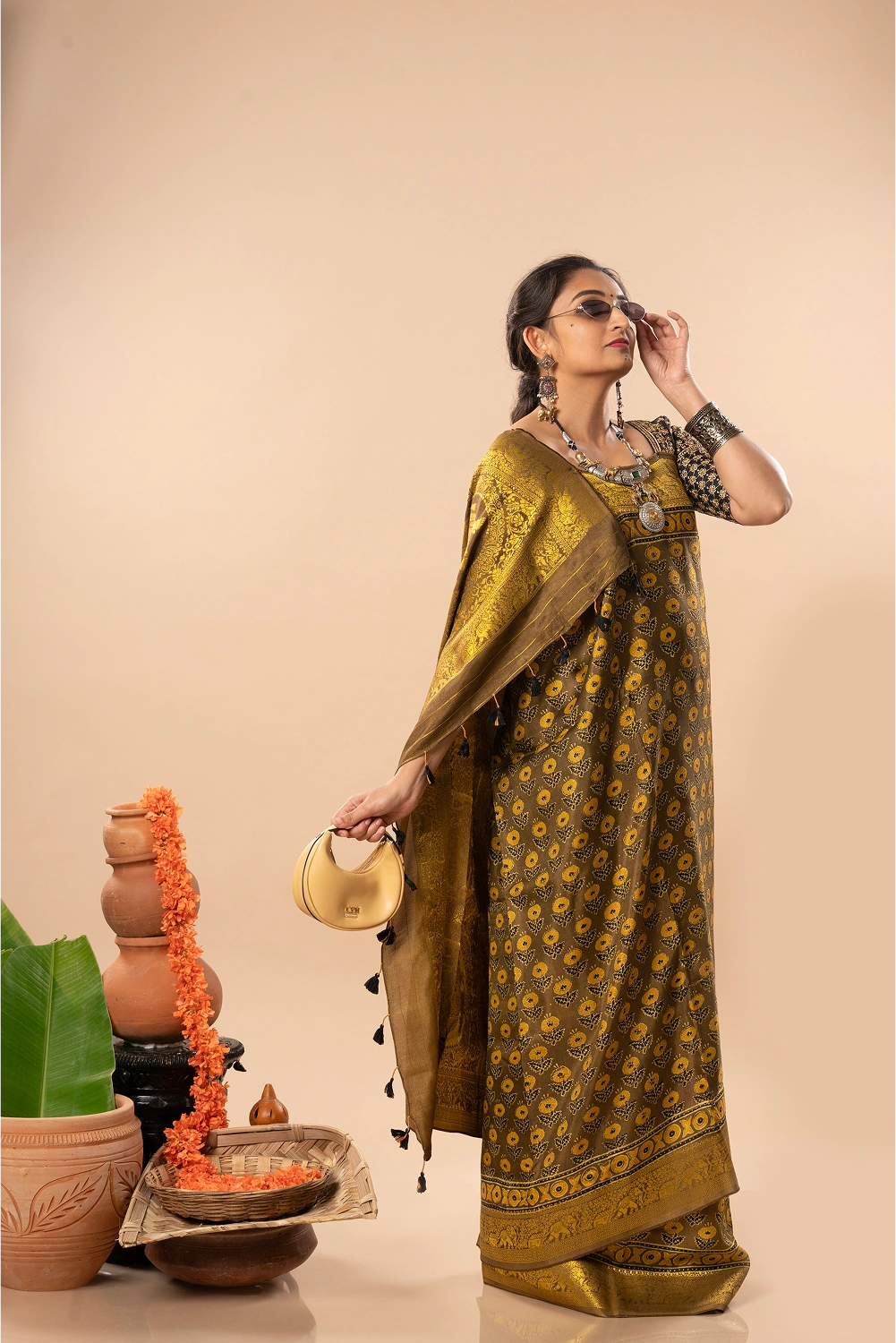 Golden Radiance- Ajrakh Dola Saree