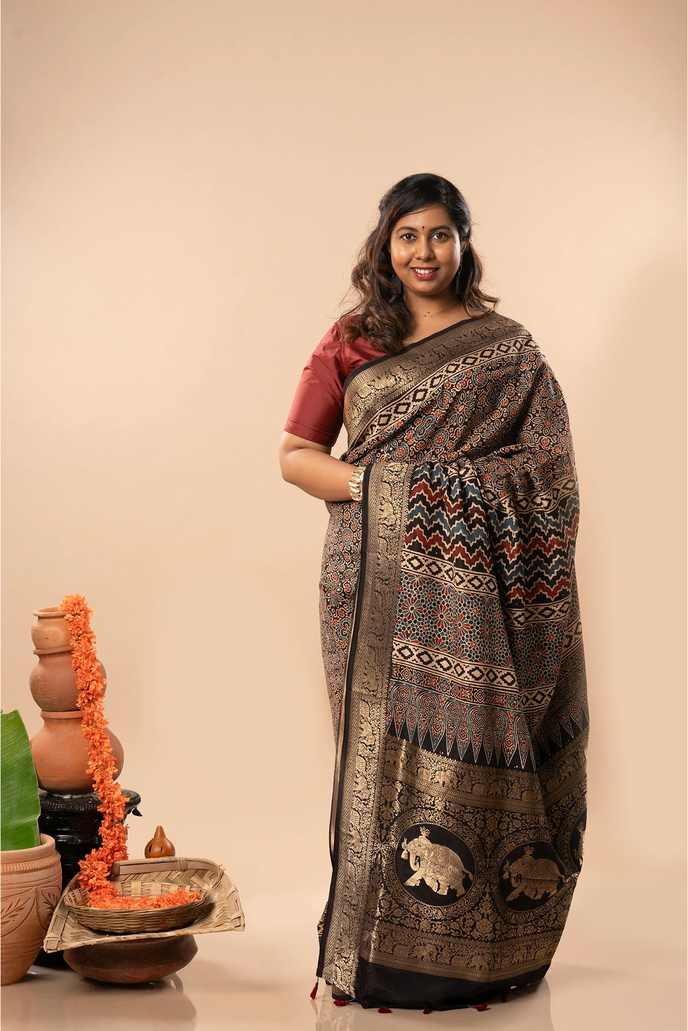 Midnight Elegance- Ajrakh Dola Saree
