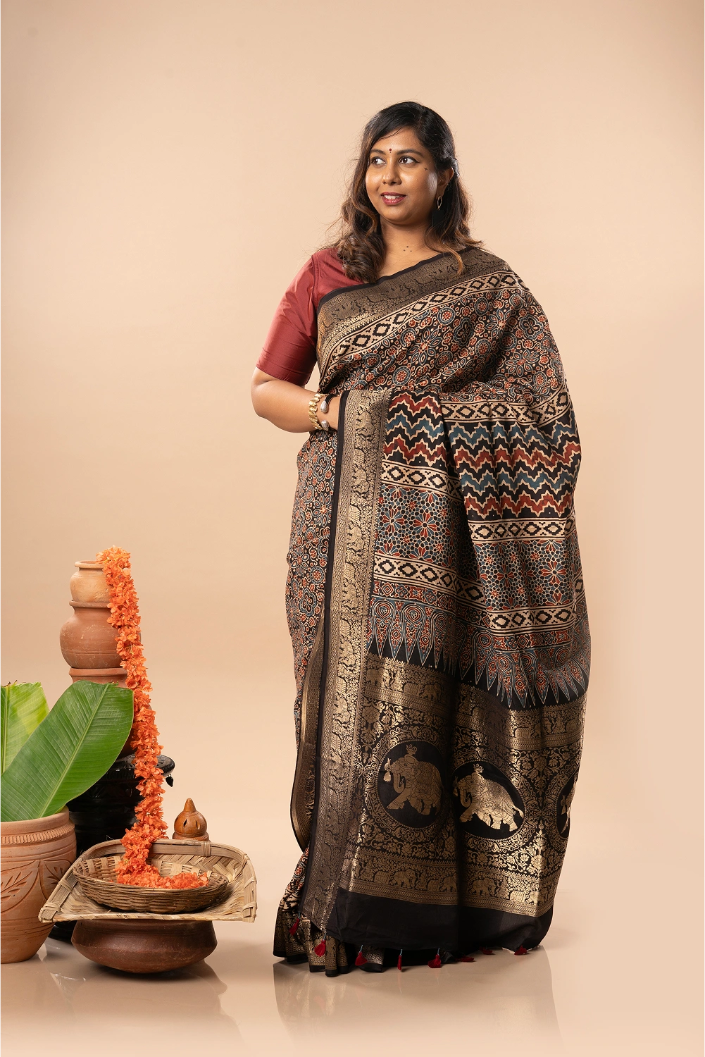 Midnight Elegance- Ajrakh Dola Saree