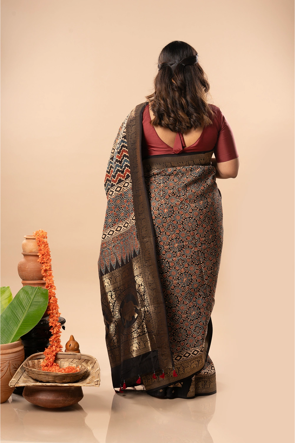 Midnight Elegance- Ajrakh Dola Saree