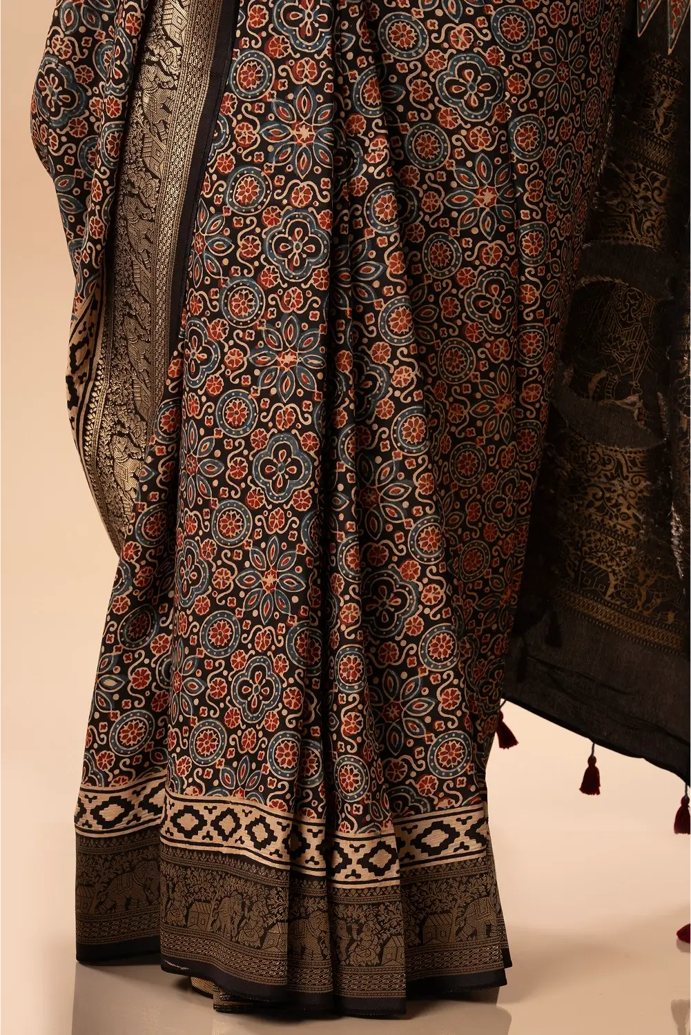 Midnight Elegance- Ajrakh Dola Saree