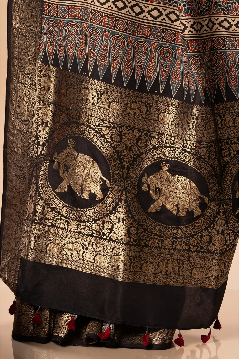 Midnight Elegance- Ajrakh Dola Saree