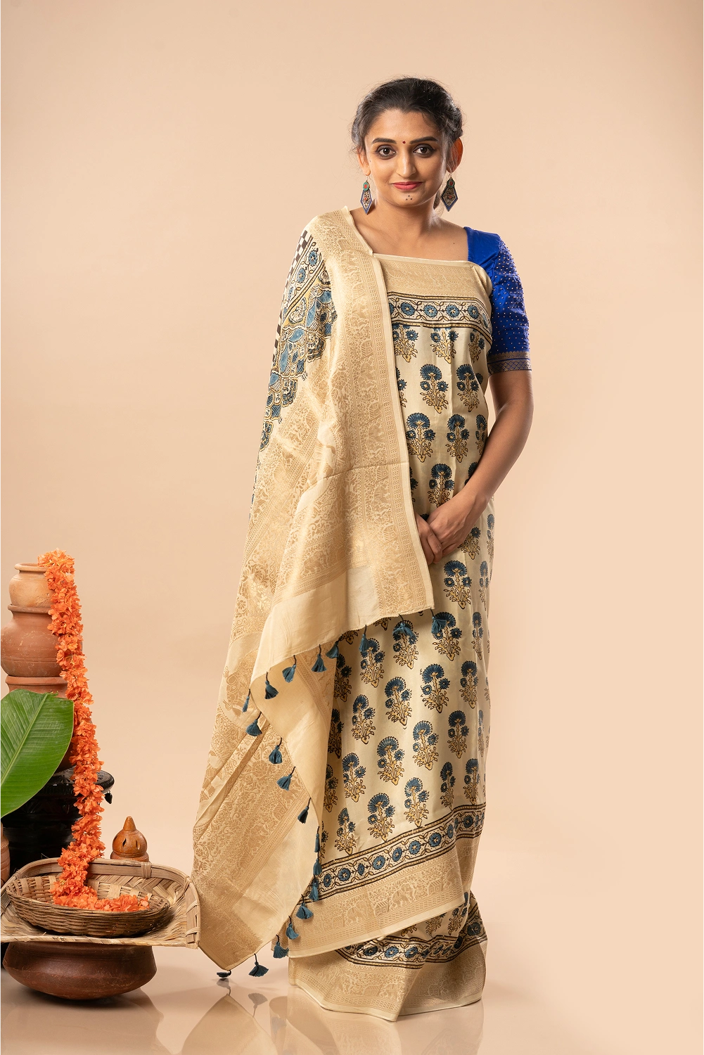 Royal Ivory- Ajrakh Dola Saree