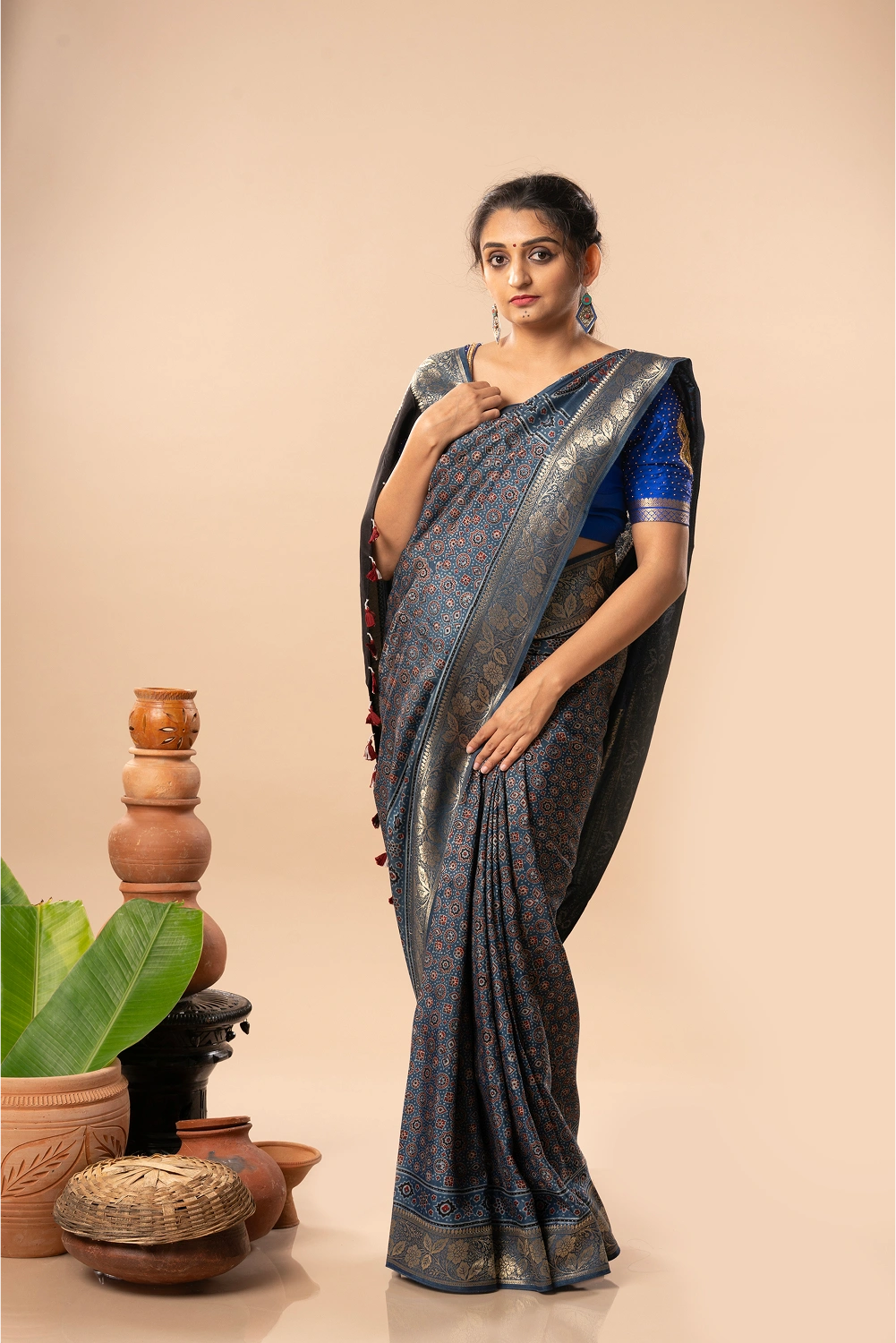 Elegant Blue- Ajrakh Dola Saree