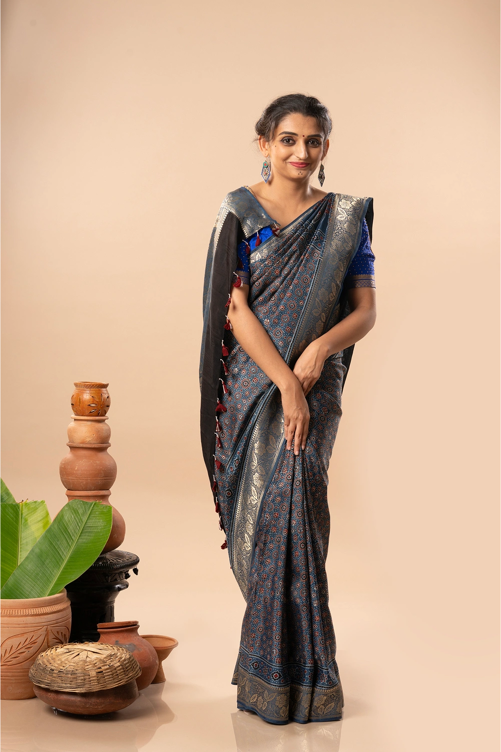Elegant Blue- Ajrakh Dola Saree