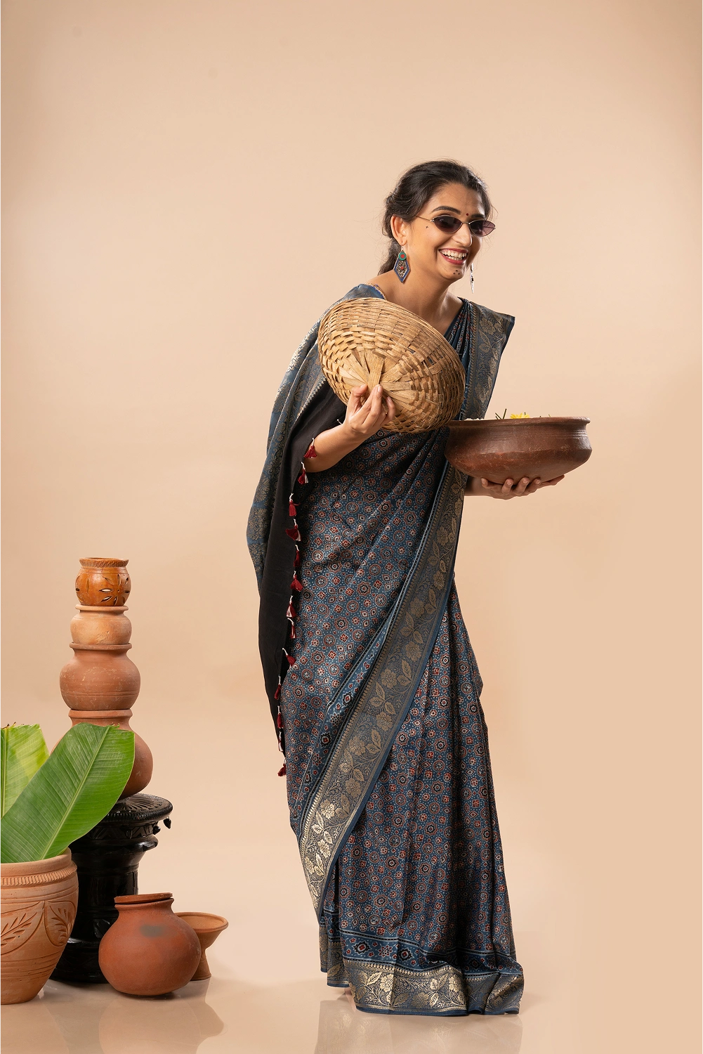 Elegant Blue- Ajrakh Dola Saree
