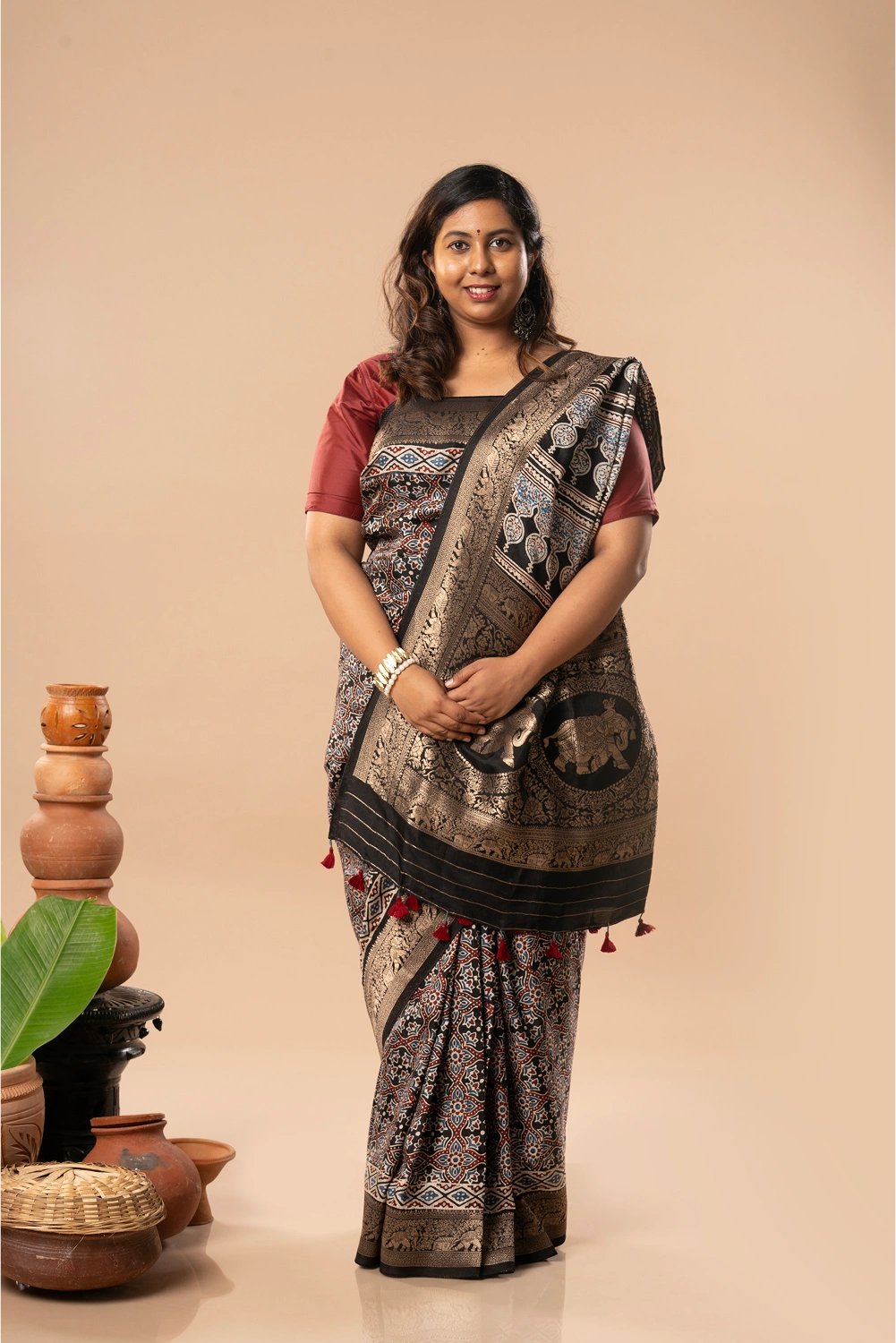 Regal Noir- Ajrakh Dola Saree