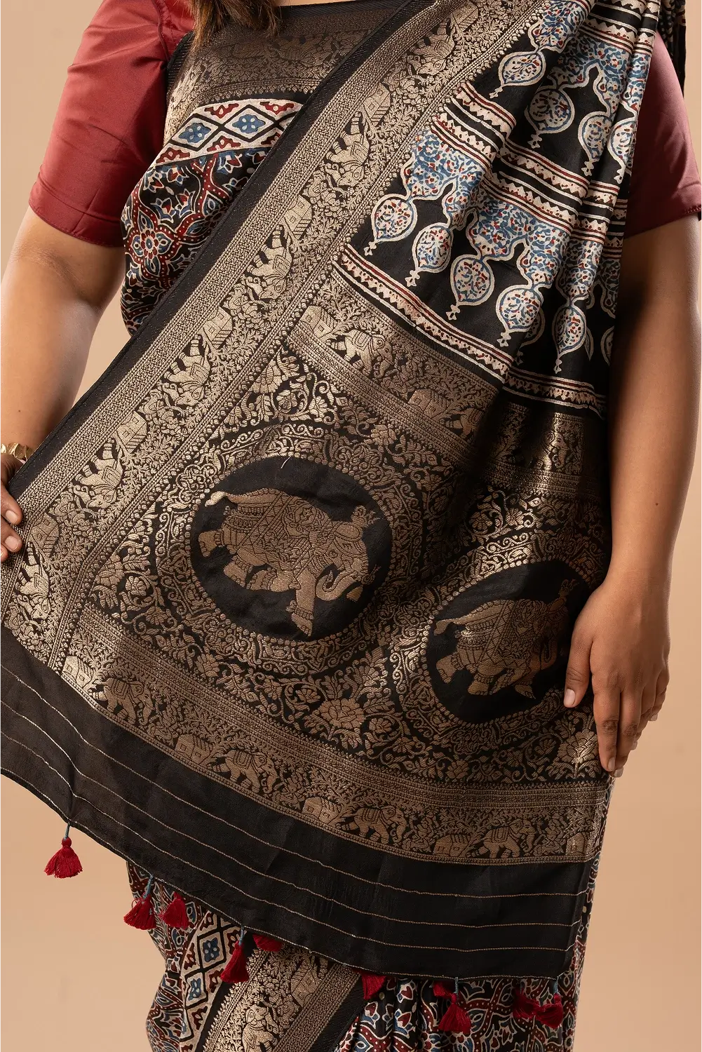 Regal Noir- Ajrakh Dola Saree