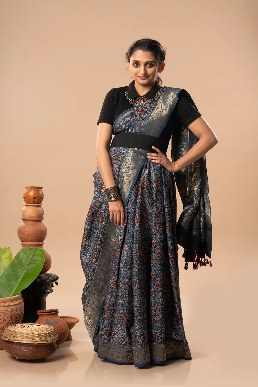 Midnight Mosaic- Ajrakh Dola Saree