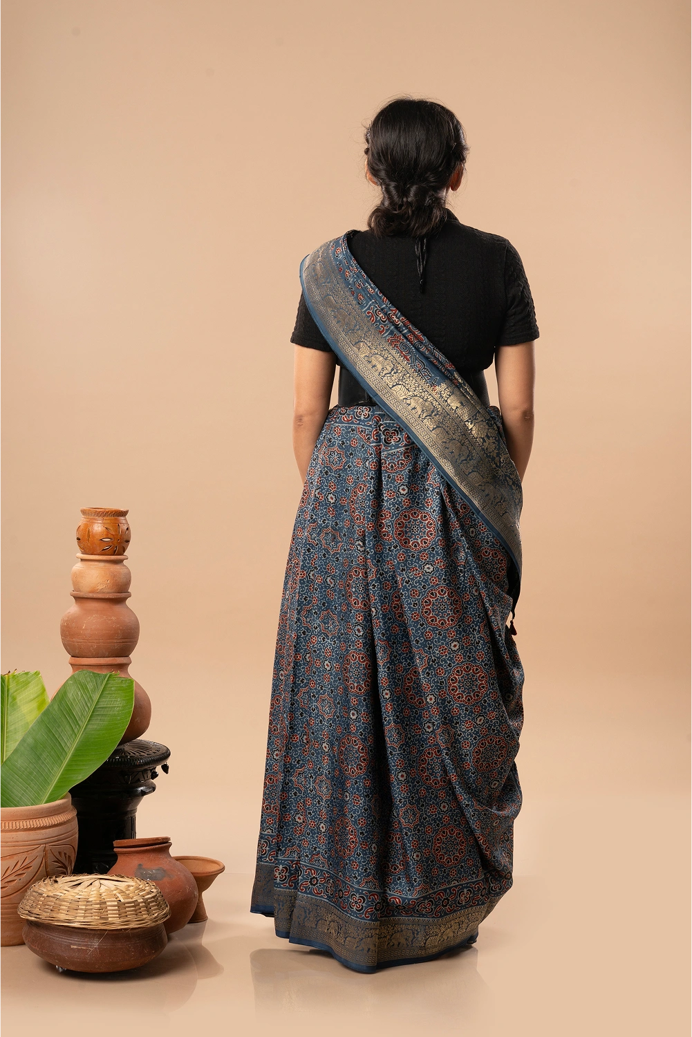 Midnight Mosaic- Ajrakh Dola Saree