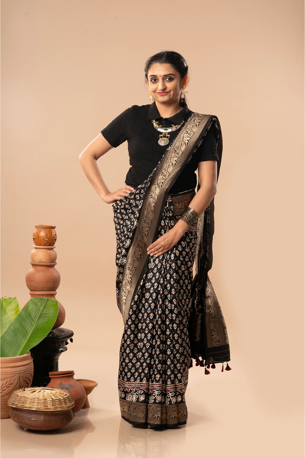 Midnight Majesty- Ajrakh Dola Saree