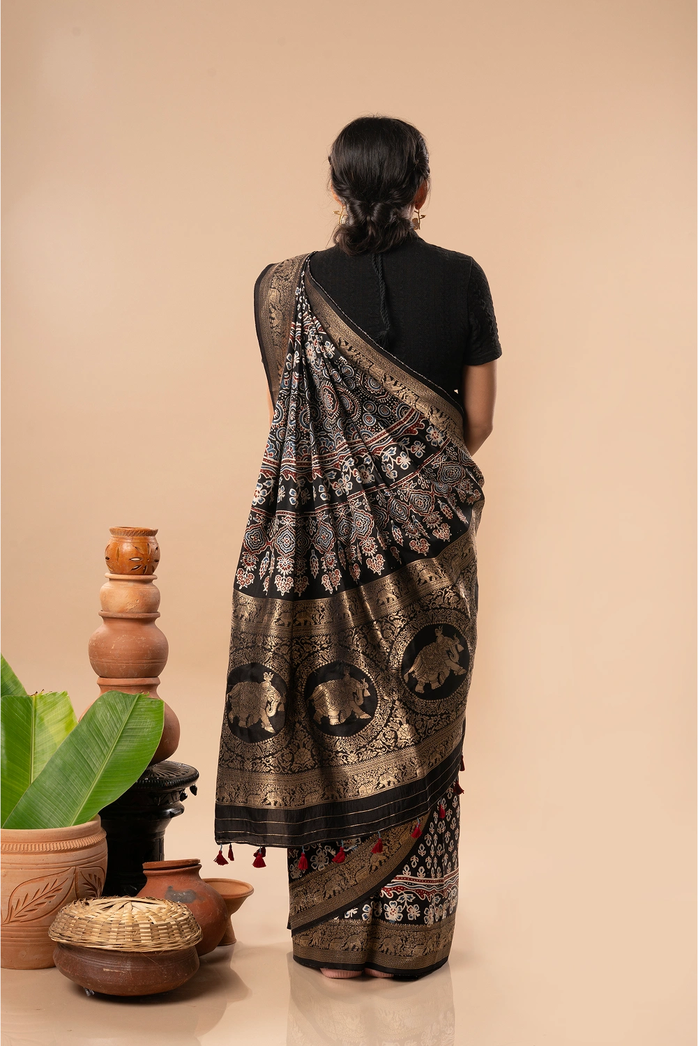 Midnight Majesty- Ajrakh Dola Saree