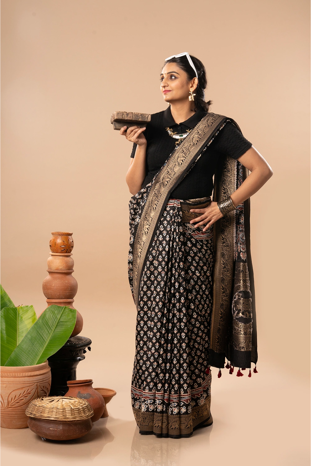 Midnight Majesty- Ajrakh Dola Saree