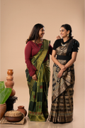 Emerald Harmony and Noir Elegance- Ajrakh Dola Saree