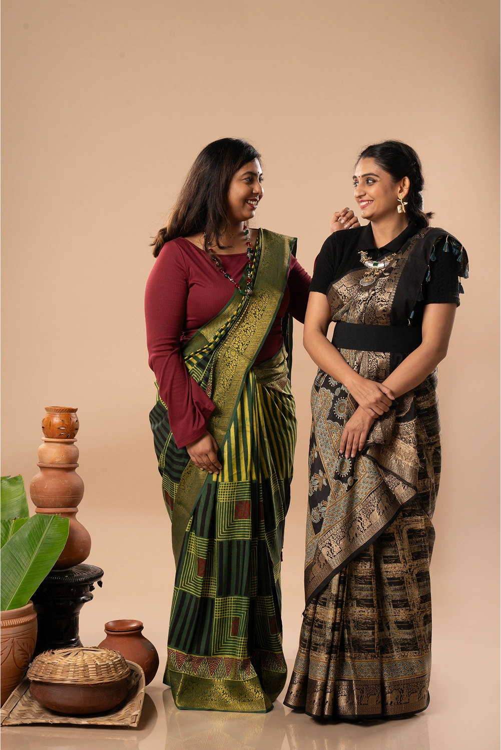 Emerald Harmony and Noir Elegance- Ajrakh Dola Saree