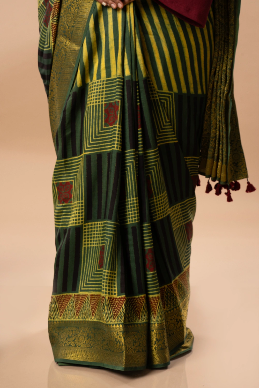 Emerald Harmony and Noir Elegance- Ajrakh Dola Saree