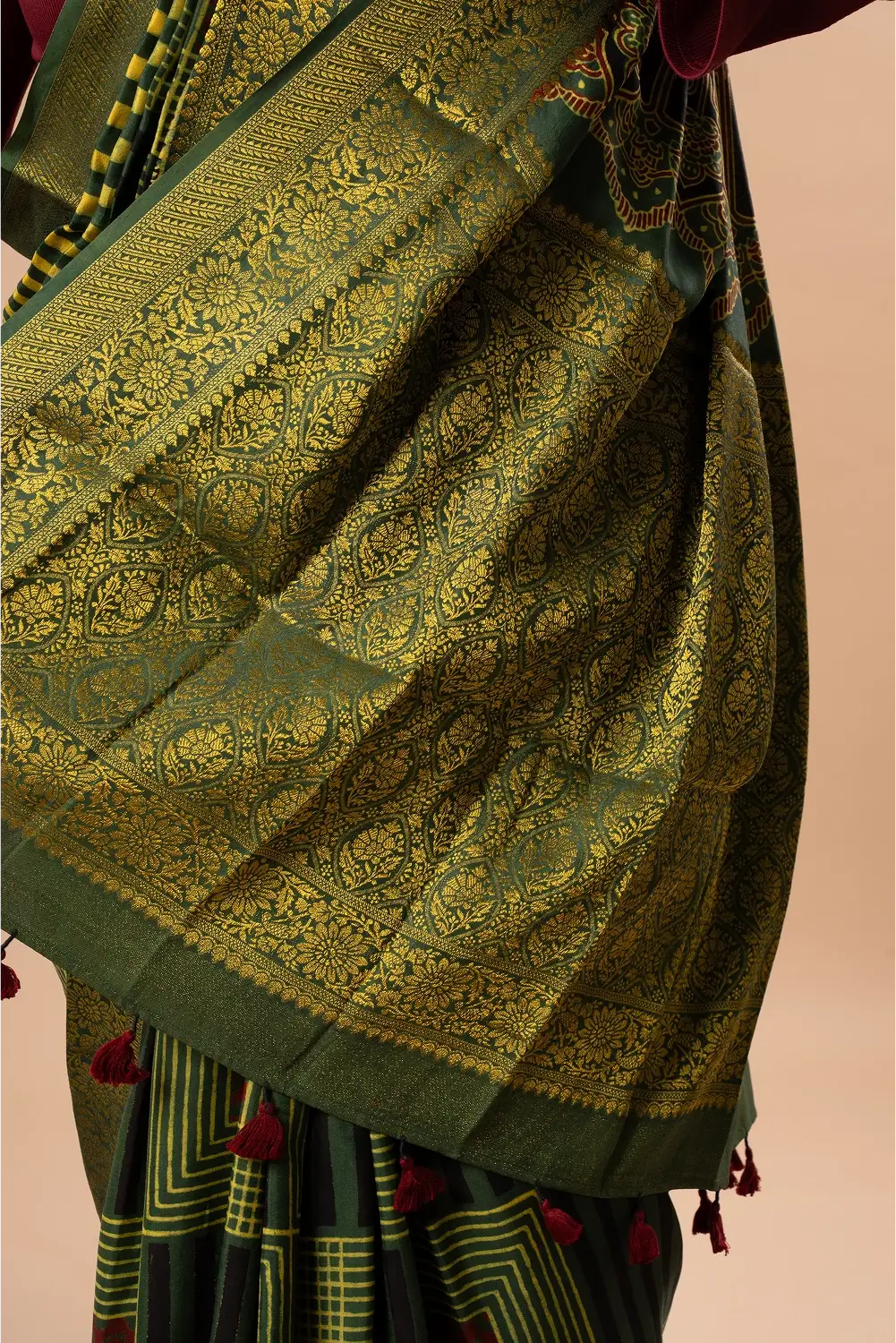 Emerald Harmony and Noir Elegance- Ajrakh Dola Saree