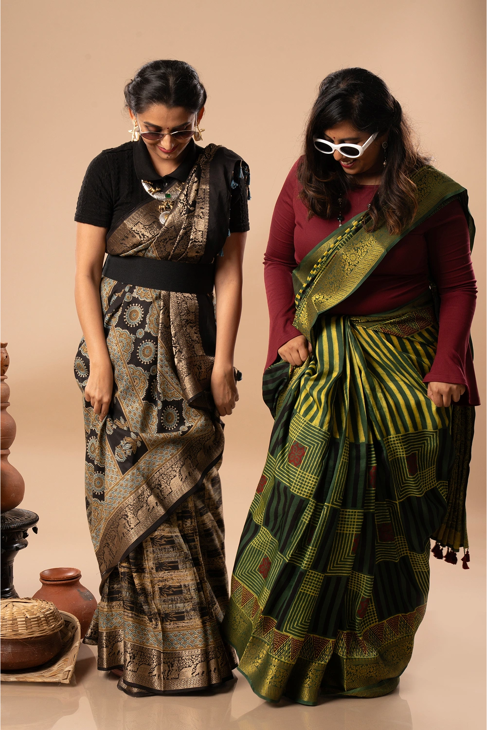 Emerald Harmony and Noir Elegance- Ajrakh Dola Saree