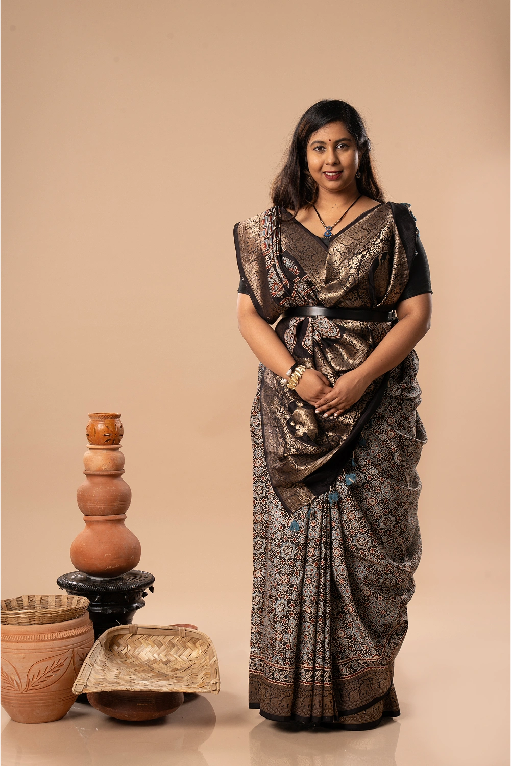 Shiny Elegance- Ajrakh Dola Saree