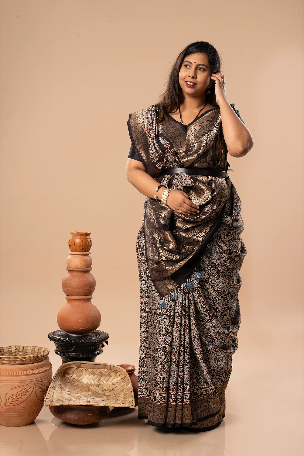 Shiny Elegance- Ajrakh Dola Saree