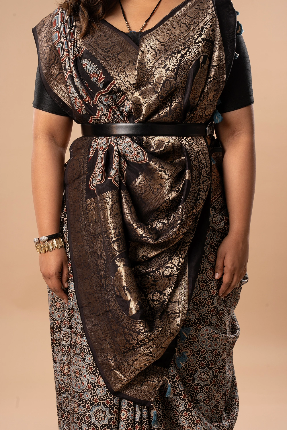 Shiny Elegance- Ajrakh Dola Saree