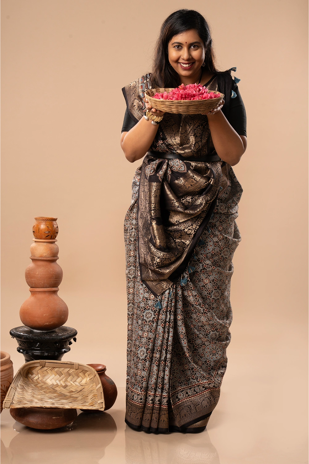Shiny Elegance- Ajrakh Dola Saree