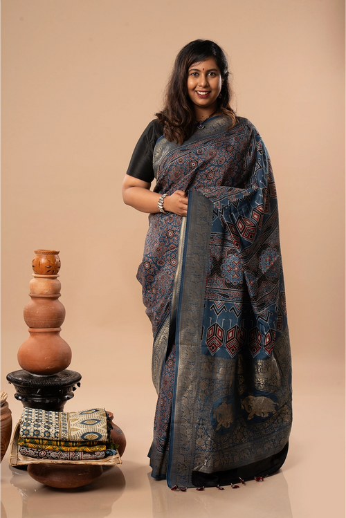 Bright Blues - Ajrakh Dola Saree