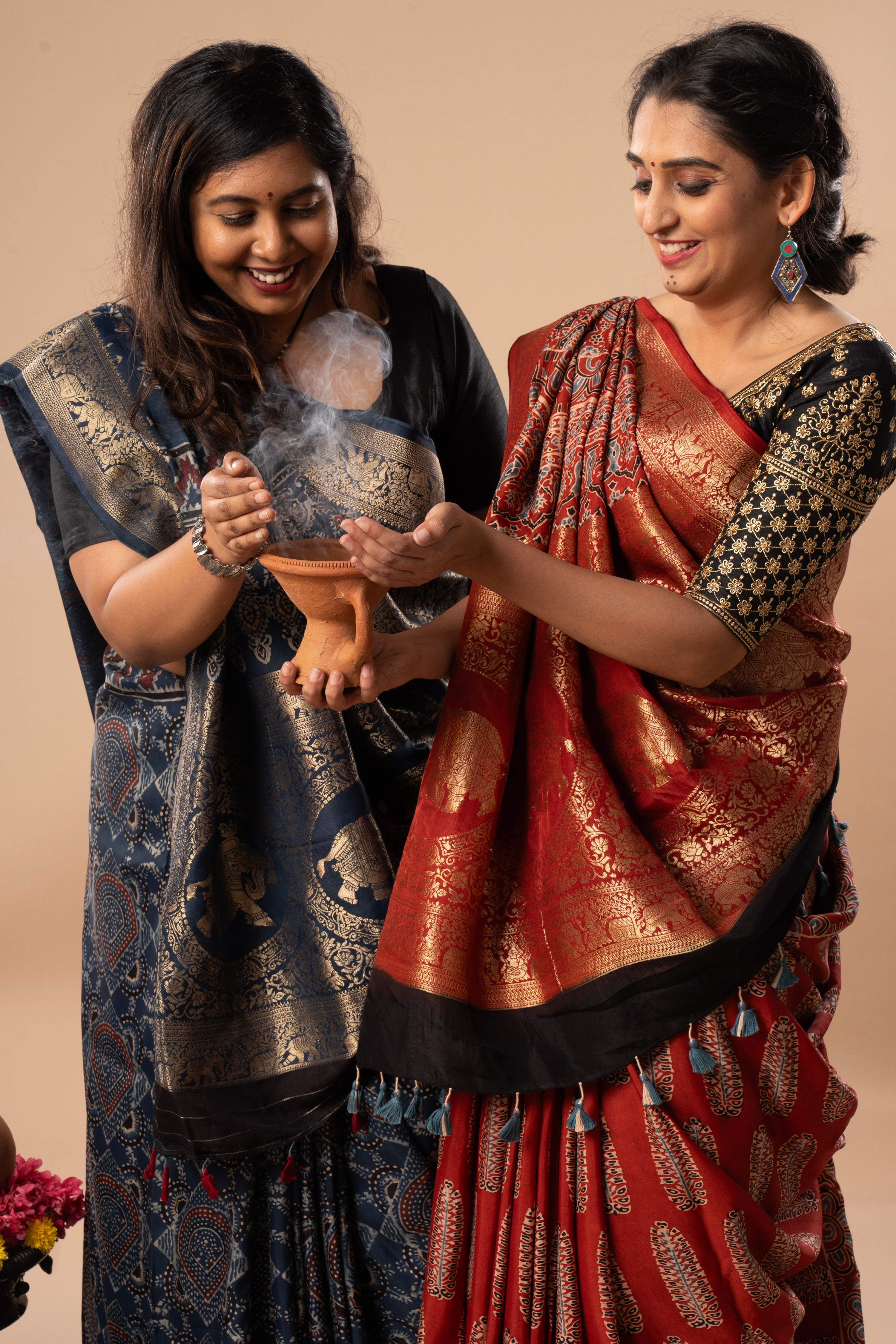 Rust & Indigo Ajrakh Dola Silk Saree Combo | Hand-Block Printed — Seere