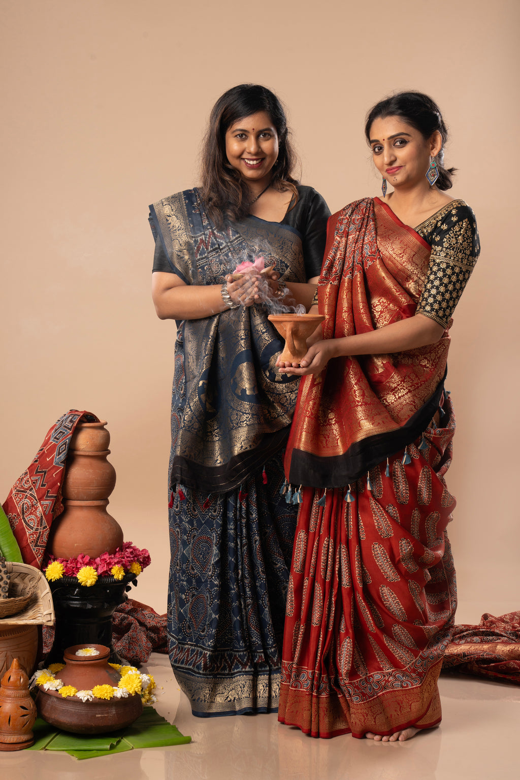 Rust & Indigo Ajrakh Dola Silk Saree Combo | Hand-Block Printed — Seere