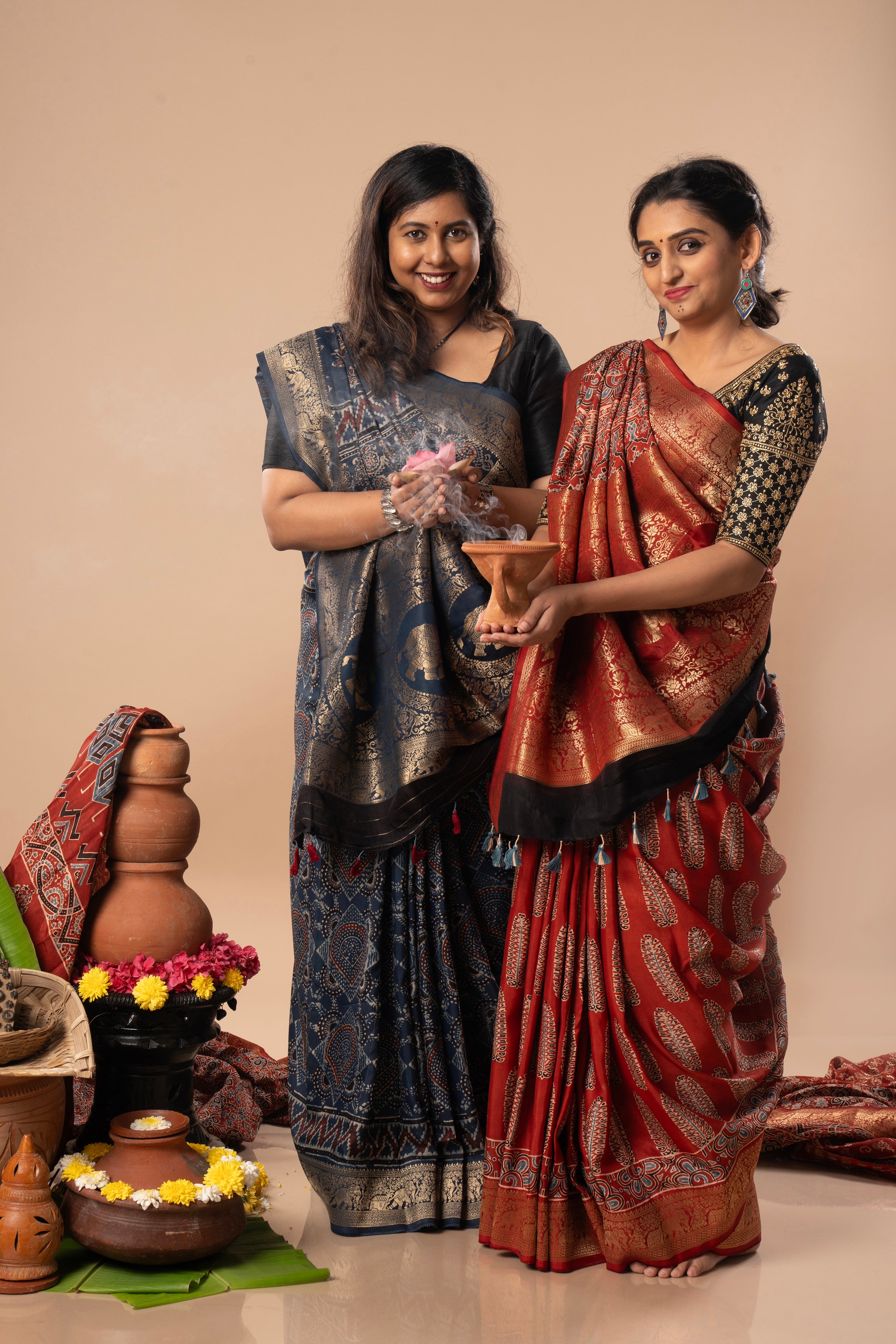 Rust & Indigo Ajrakh Dola Silk Saree Combo | Hand-Block Printed — Seere