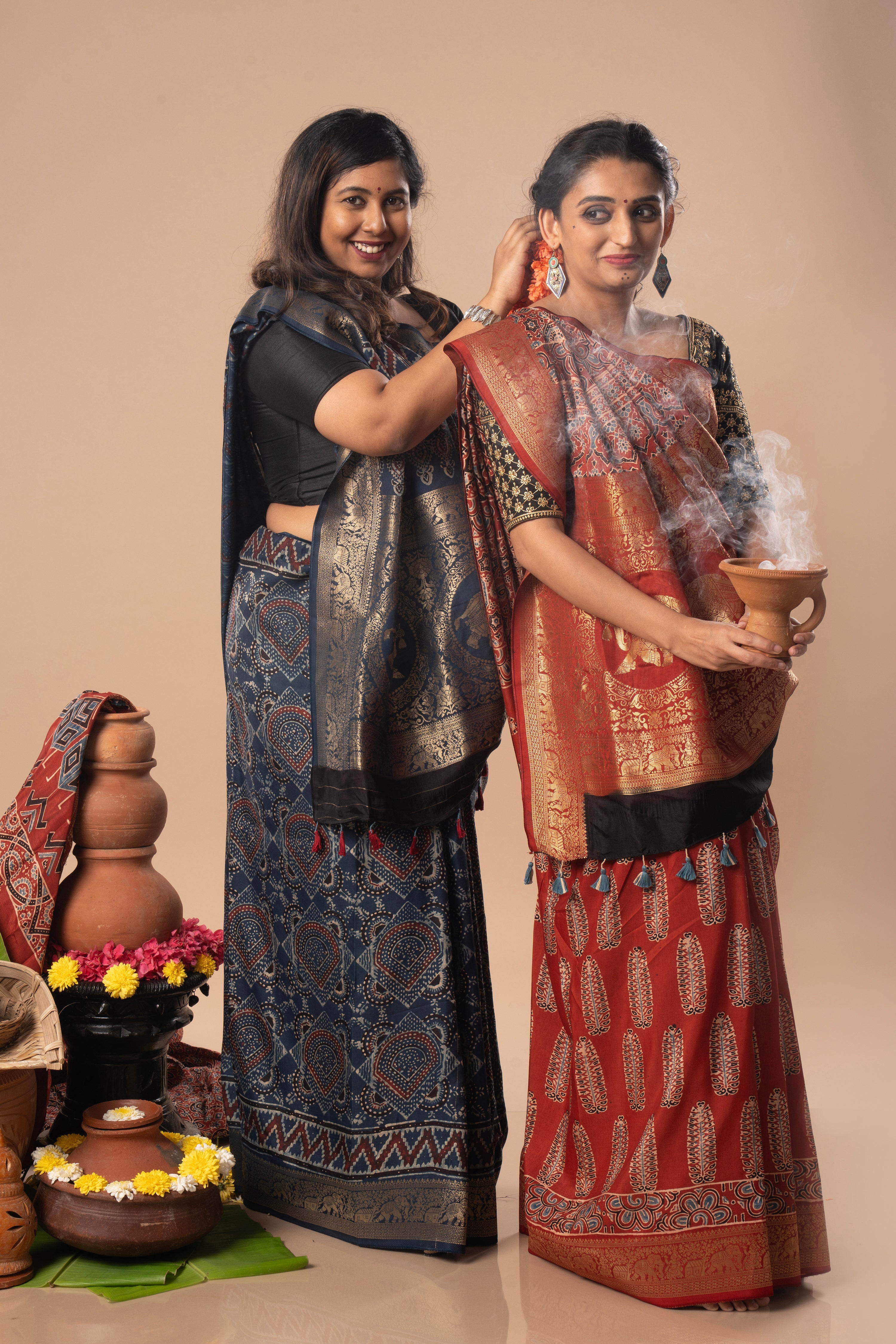 Rust & Indigo Ajrakh Dola Silk Saree Combo | Hand-Block Printed — Seere
