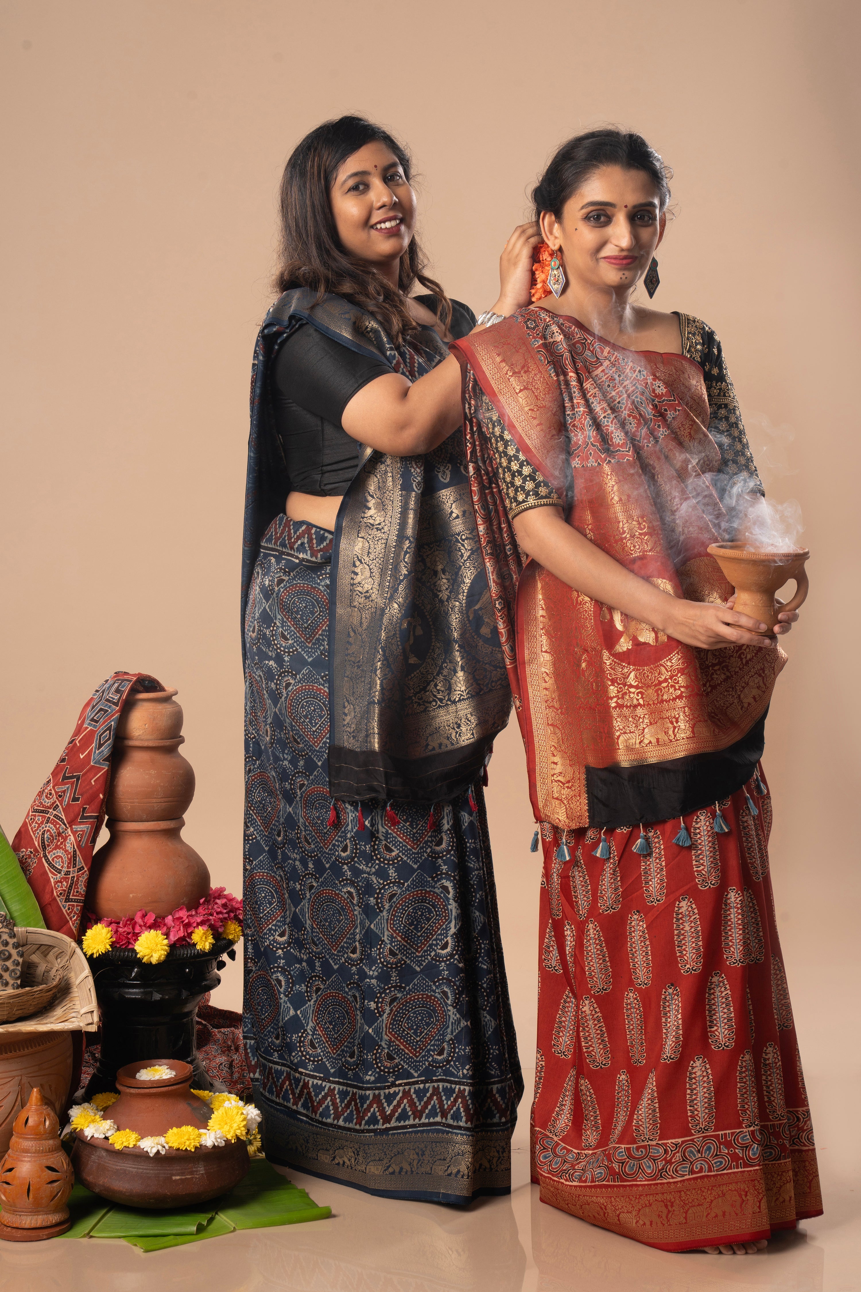 Rust & Indigo Ajrakh Dola Silk Saree Combo | Hand-Block Printed — Seere