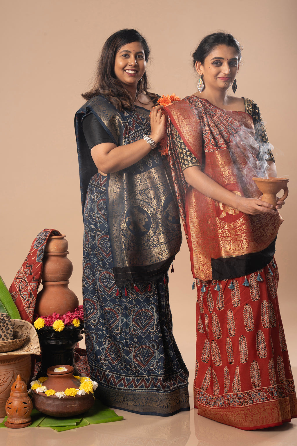 Rust & Indigo Ajrakh Dola Silk Saree Combo | Hand-Block Printed — Seere