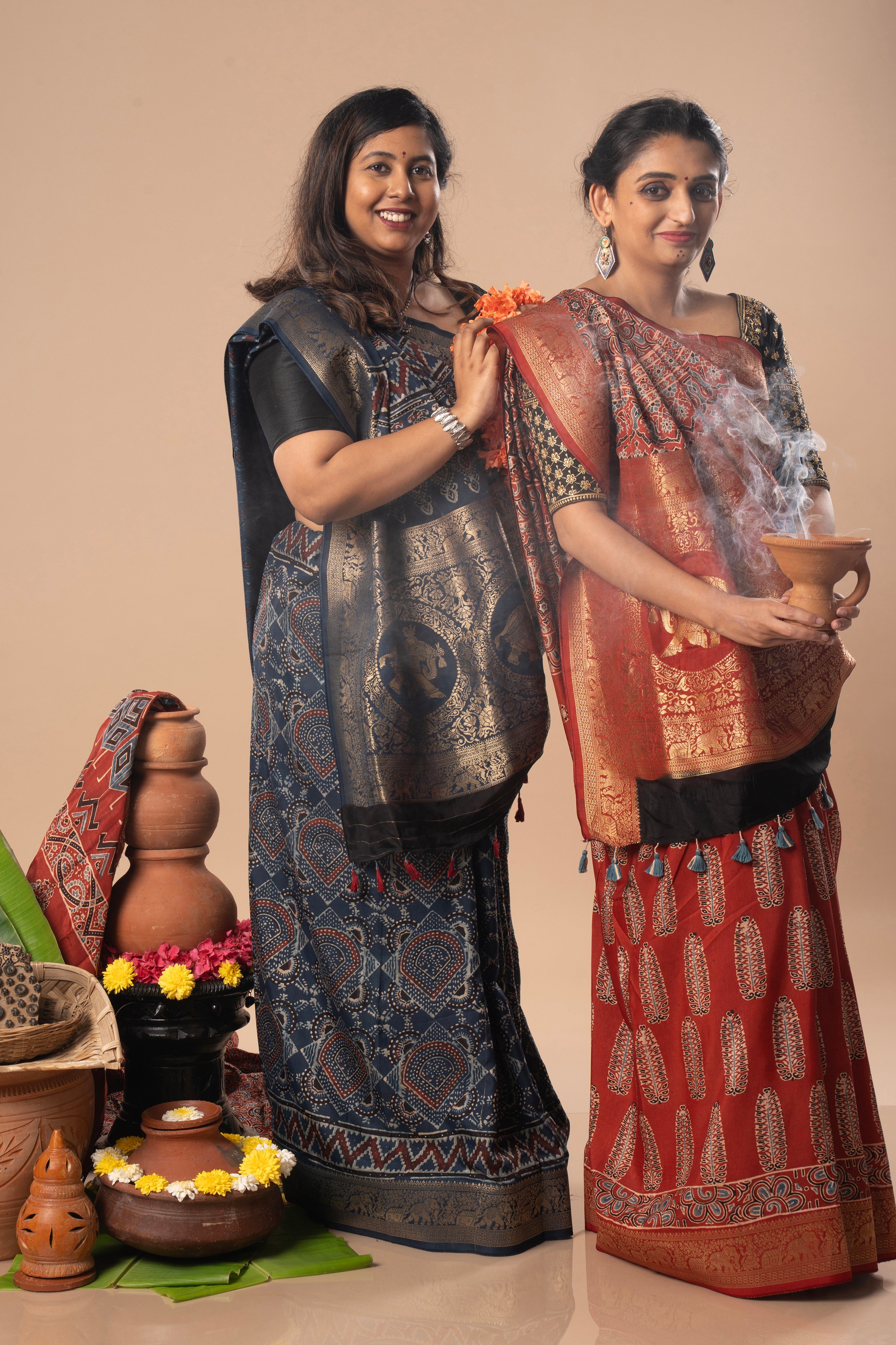 Rust & Indigo Ajrakh Dola Silk Saree Combo | Hand-Block Printed — Seere