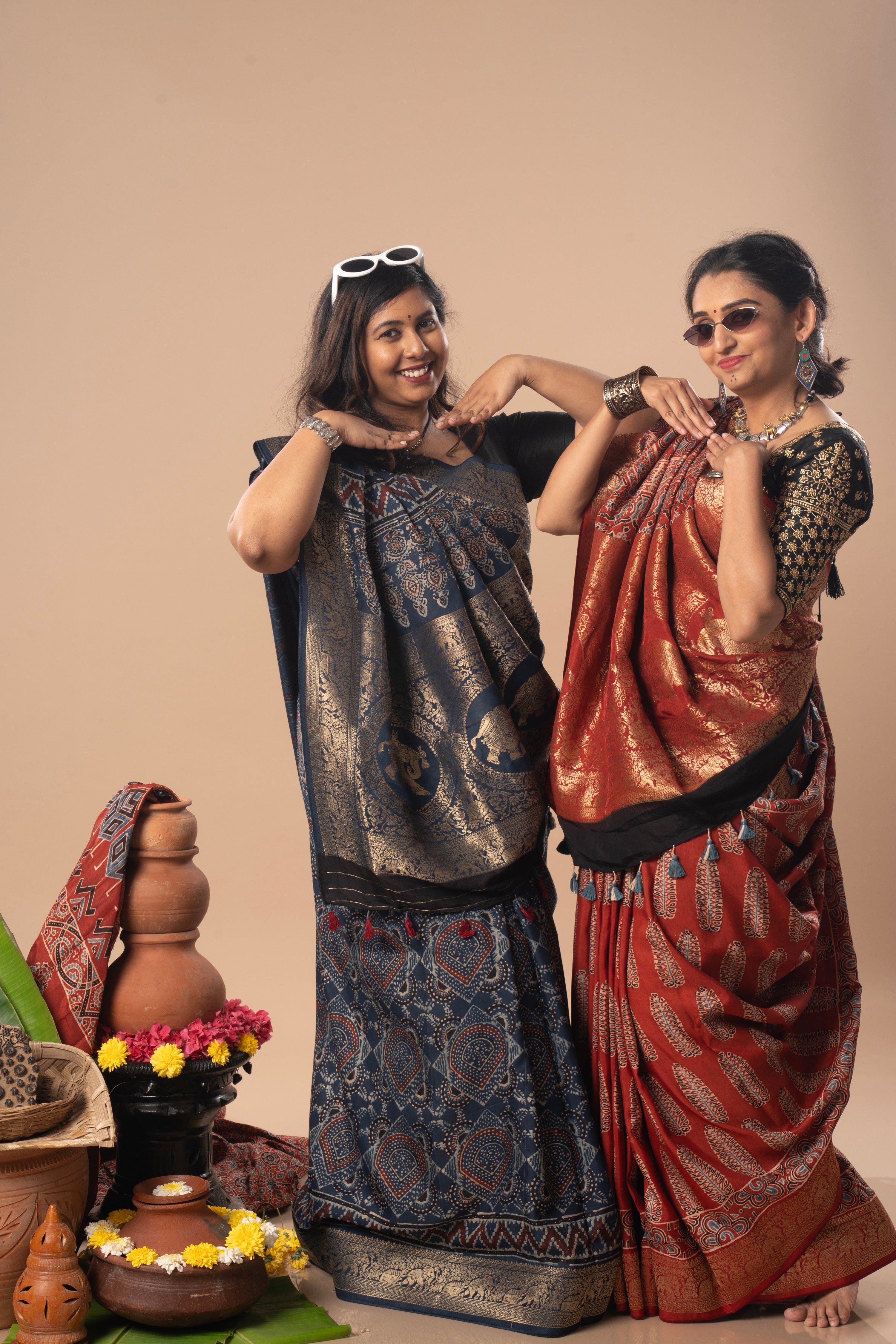 Rust & Indigo Ajrakh Dola Silk Saree Combo | Hand-Block Printed — Seere
