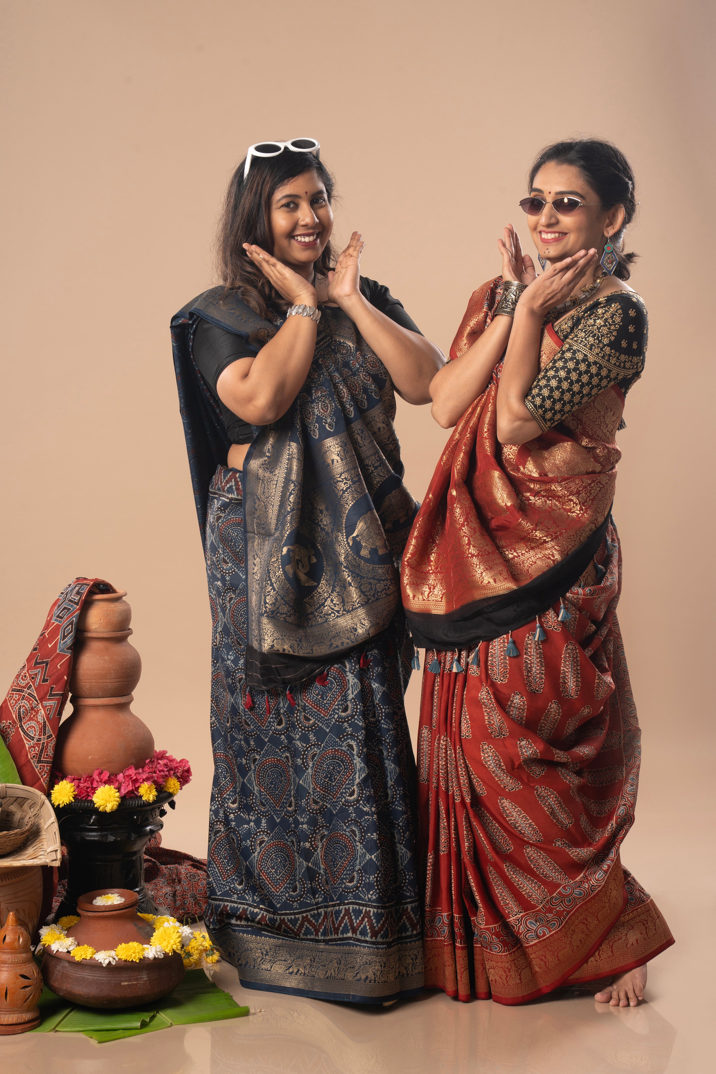 Rust & Indigo Ajrakh Dola Silk Saree Combo | Hand-Block Printed — Seere