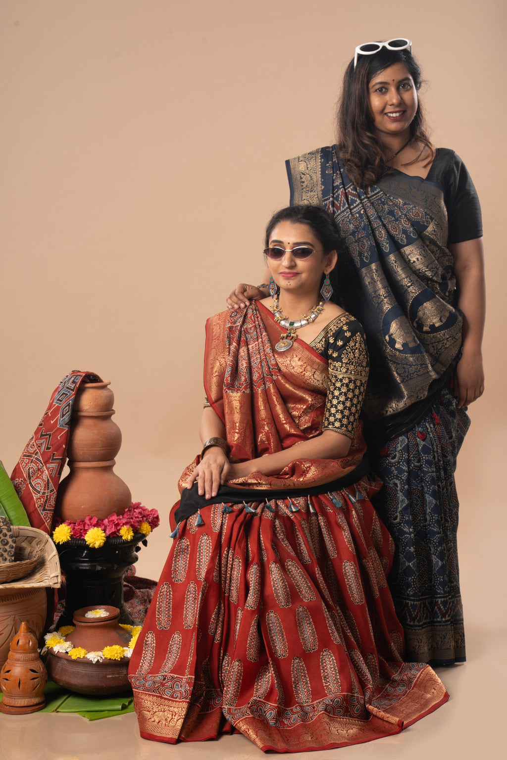 Rust & Indigo Ajrakh Dola Silk Saree Combo | Hand-Block Printed — Seere