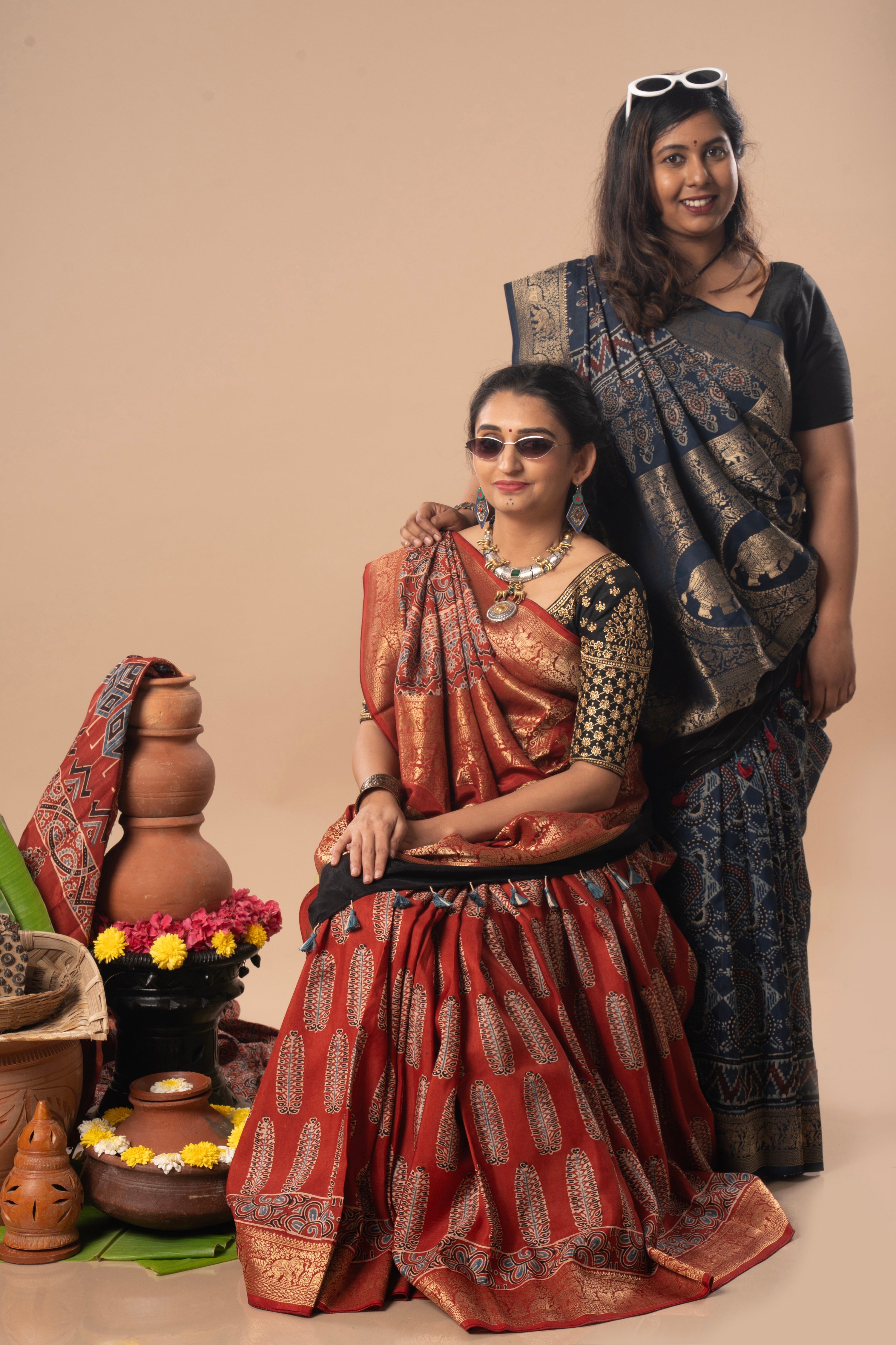 Rust & Indigo Ajrakh Dola Silk Saree Combo | Hand-Block Printed — Seere