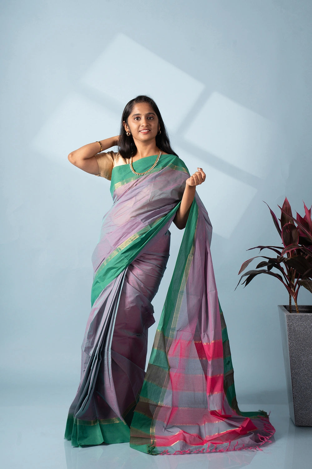 Pastel Purple Pink & Green Aura Kodiyala Cotton Saree