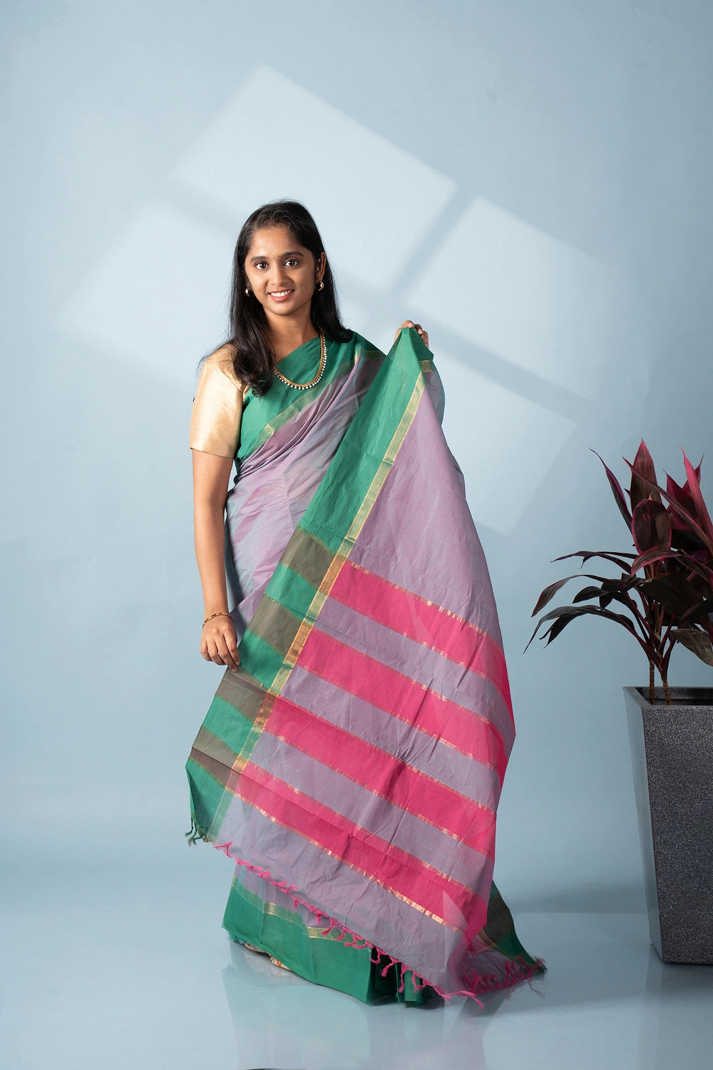 Pastel Purple Pink & Green Aura Kodiyala Cotton Saree