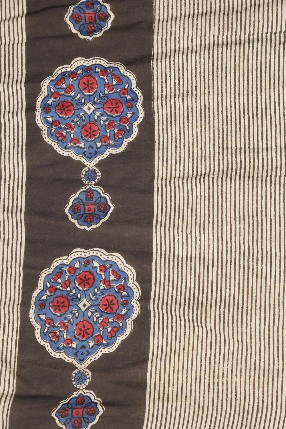 Close-up view of the dark brown cotton base highlighting the fine linear patterns and intricate floral medallions